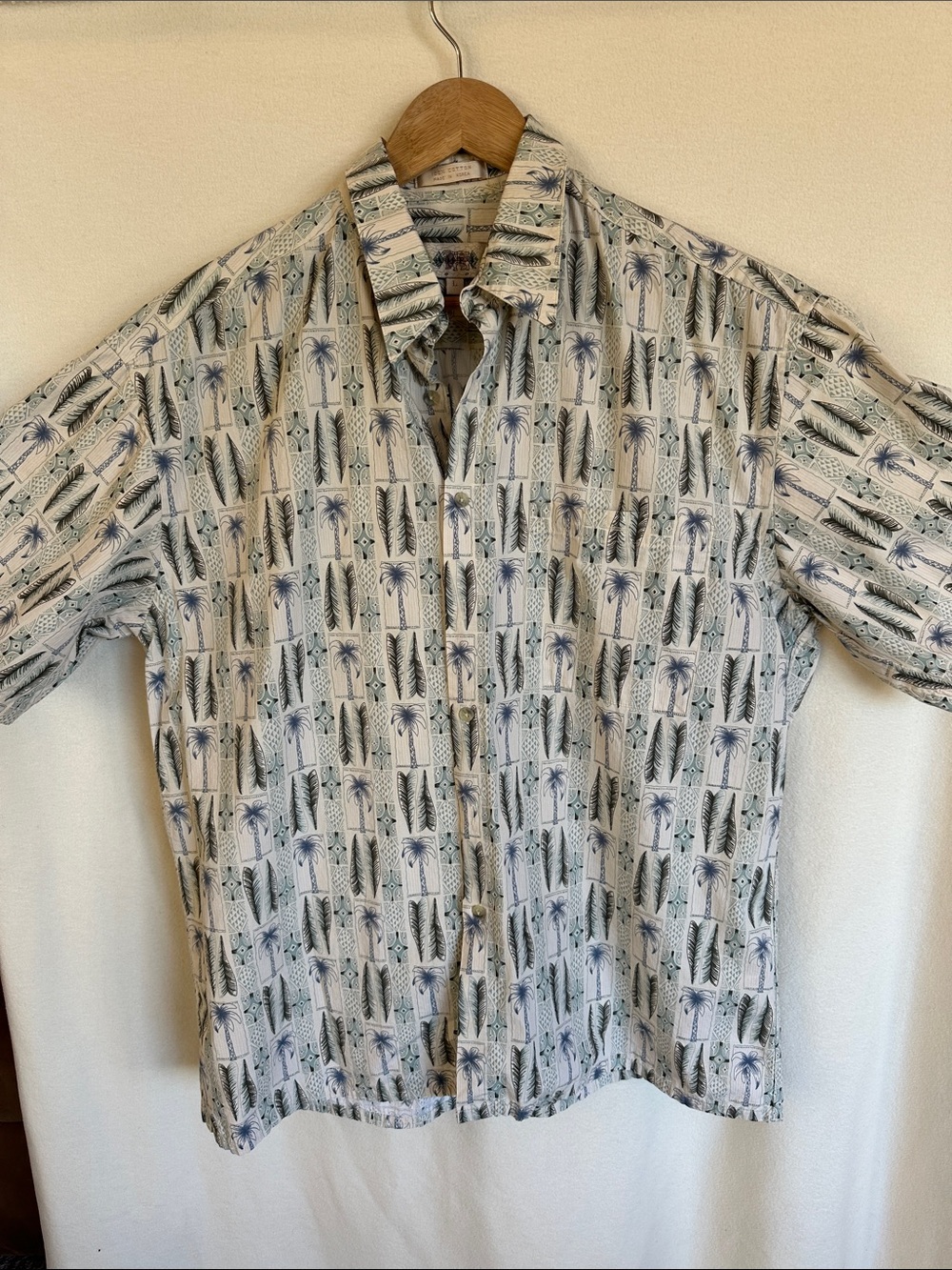 Campia Men's Short-Sleeve Palm Print Button-Up Shirt White/Blue/Gray/Teal Size L